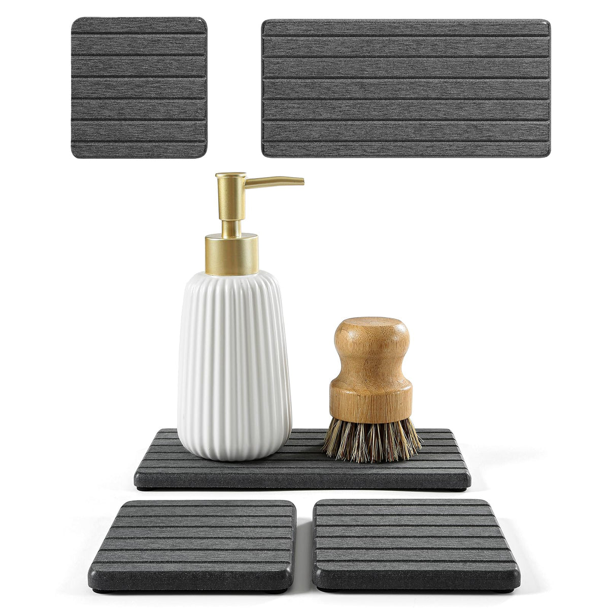 3 Pack Diatomite Stone Sink Tray, Water Absorbing Mat for Kitchen & Bathroom Counter, Quick Dry Soap Dish Makeup Vanity Caddy,Sponge Holder Organizer, Beige - 2pcs of 4.5"x 3.5" and 1pc of 9"x 3.5"