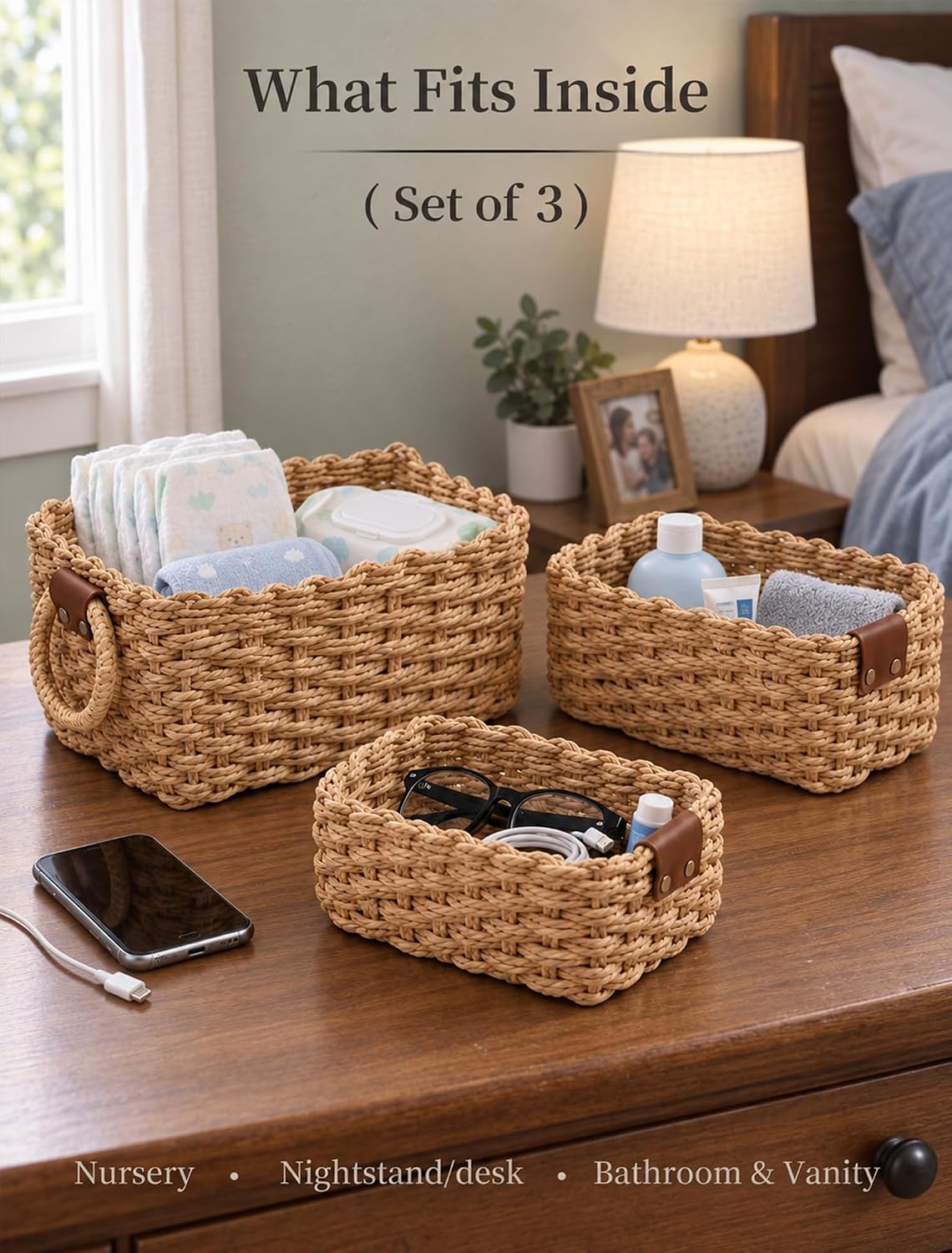 Small Wicker Baskets, 3 PCS Paper Rope Baskets for Shelves, Brown