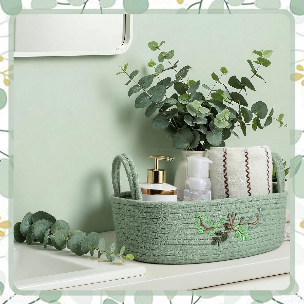Vesici Eucalyptus Toilet Paper Storage Basket with Handles, Cotton Rope