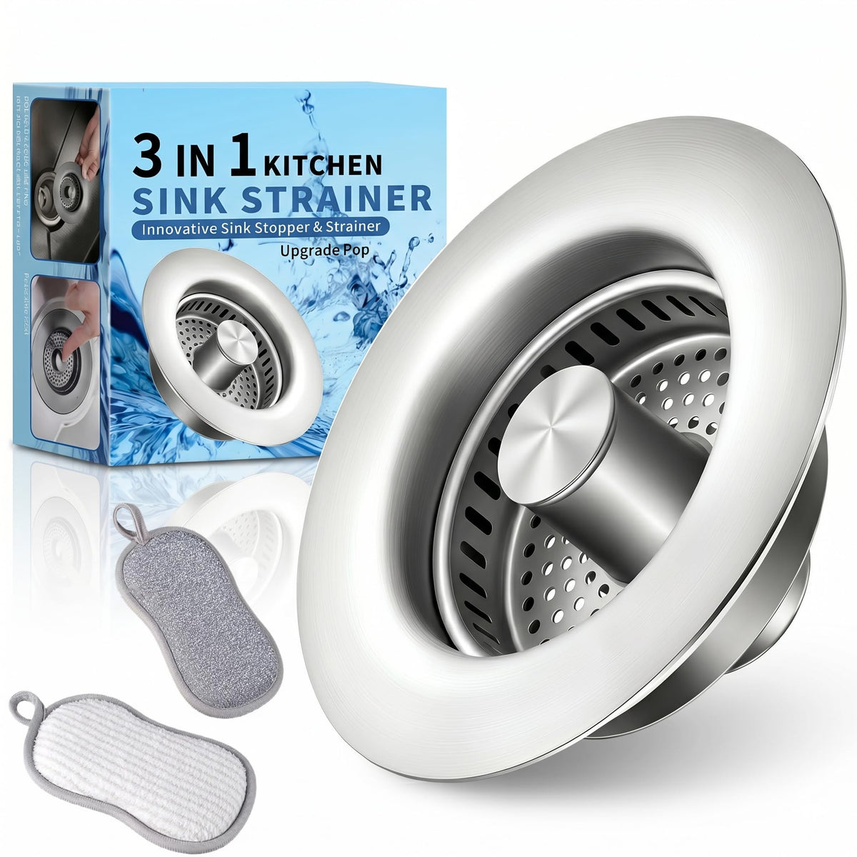 3-in-1 Kitchen Sink Drain Strainer - Pop Up Sink Stopper, Stainless Steel Sink Drain Strainer, Kitchen Sink Stopper & Drain Plug with Anti-Clogging Basket,Sink Strainer Fits US Standard 3-1/2'' Drains