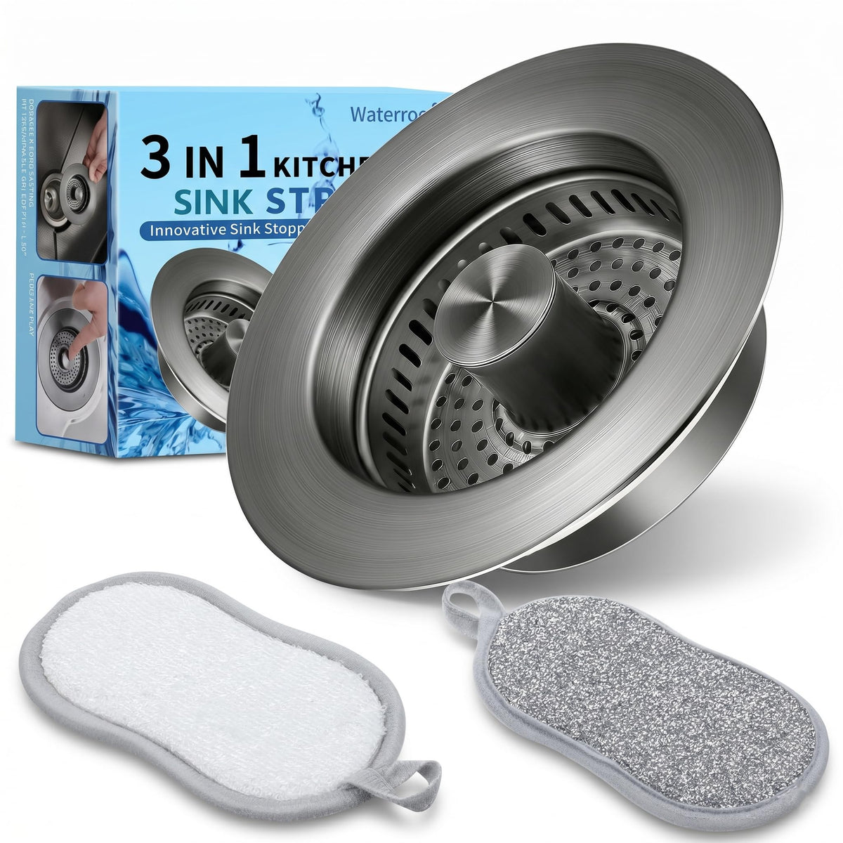 3-in-1 Kitchen Sink Drain Strainer - Pop Up Sink Stopper, Stainless Steel Sink Drain Strainer, Kitchen Sink Stopper & Drain Plug with Anti-Clogging Basket,Sink Strainer Fits US Standard 3-1/2'' Drains