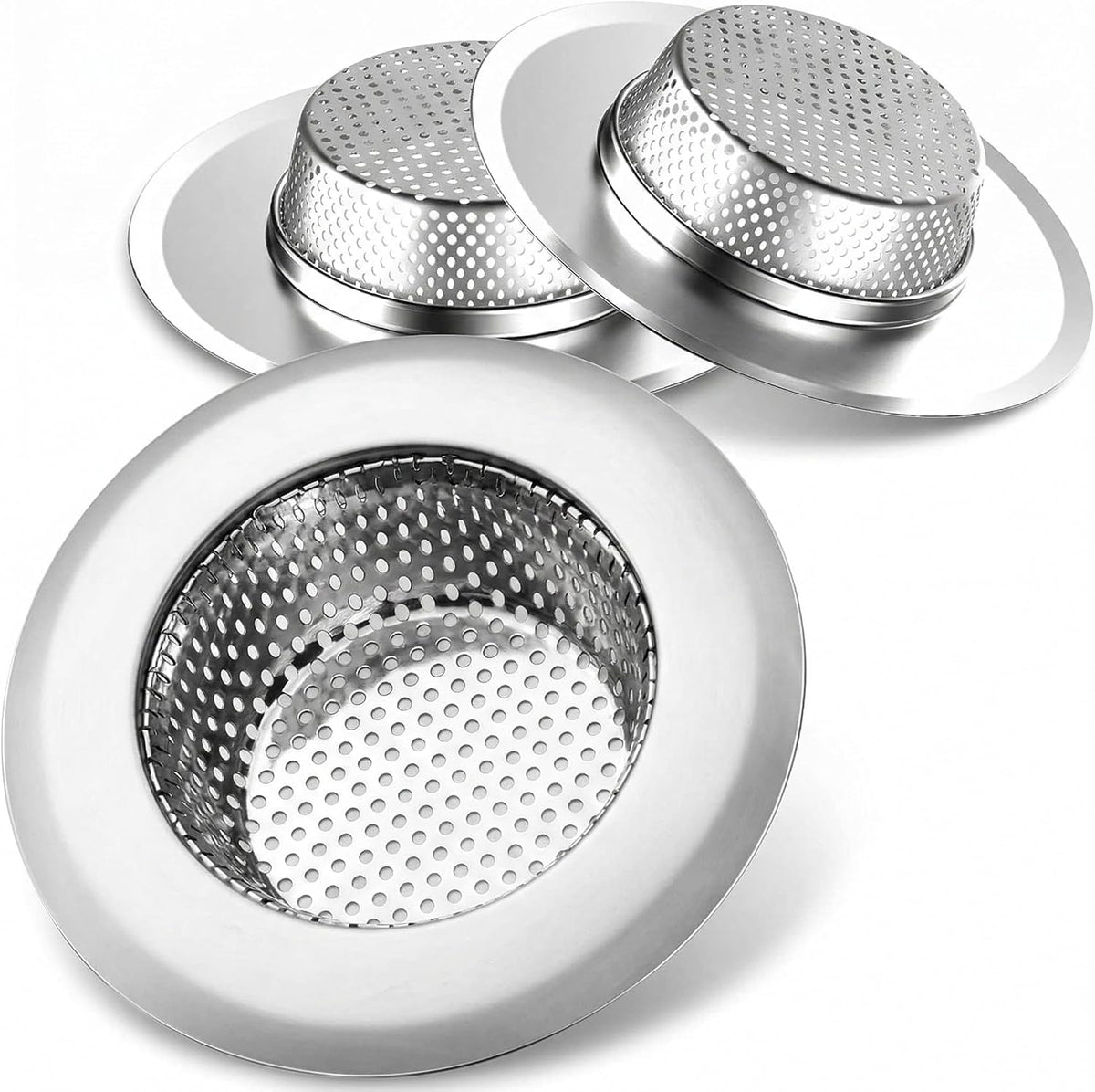 Helect 3-Pack Kitchen Sink Strainer - Stainless Steel Drain Filter with Large 4.5" Wide Rim, Anti-Clog Perforated Basket for Standard Sinks