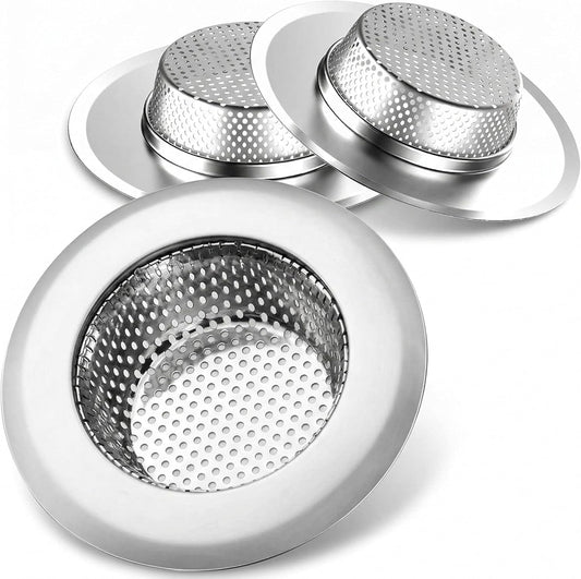 Helect 3-Pack Kitchen Sink Strainer - Stainless Steel Drain Filter with Large 4.5" Wide Rim, Anti-Clog Perforated Basket for Standard Sinks