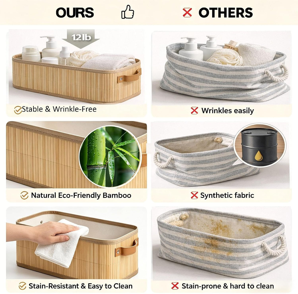 Bamboo Woven Toilet Tank Basket with PU Handles, Storage Basket for Bathroom, Holds 3 Toilet Paper Rolls, Narrow Wicker Storage Basket for Shelves, Countertop, Vanity, Tank Top