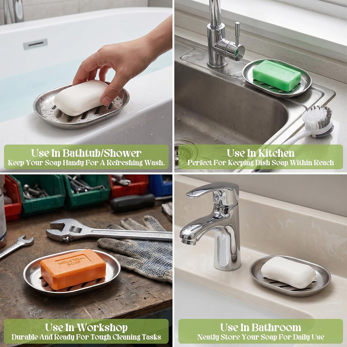4-Pack Stainless Steel Soap Dish for Shower & Kitchen Sink – Heavy Duty 304 Metal Soap Holder with Drainage, Anti-Rust Brushed Finish, 5x4x0.8 Inch Soaps Bar Tray for Bathroom or Countertop