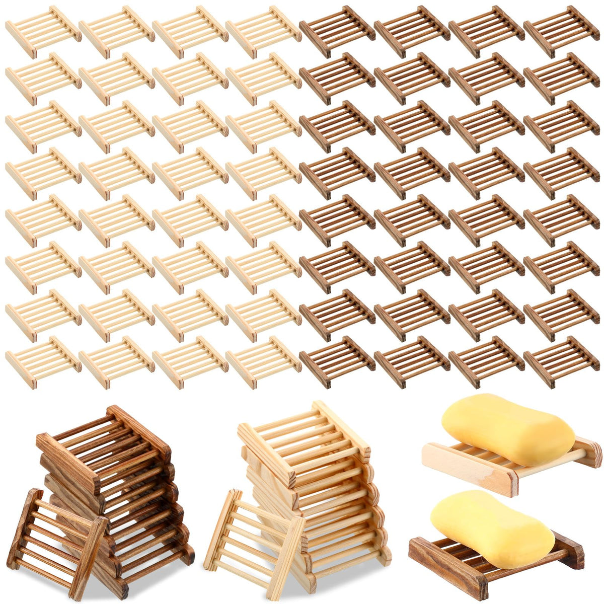 Amyhill 100 Pcs Bamboo Soap Dish Bulk Soap Holder Draining,Wooden Color