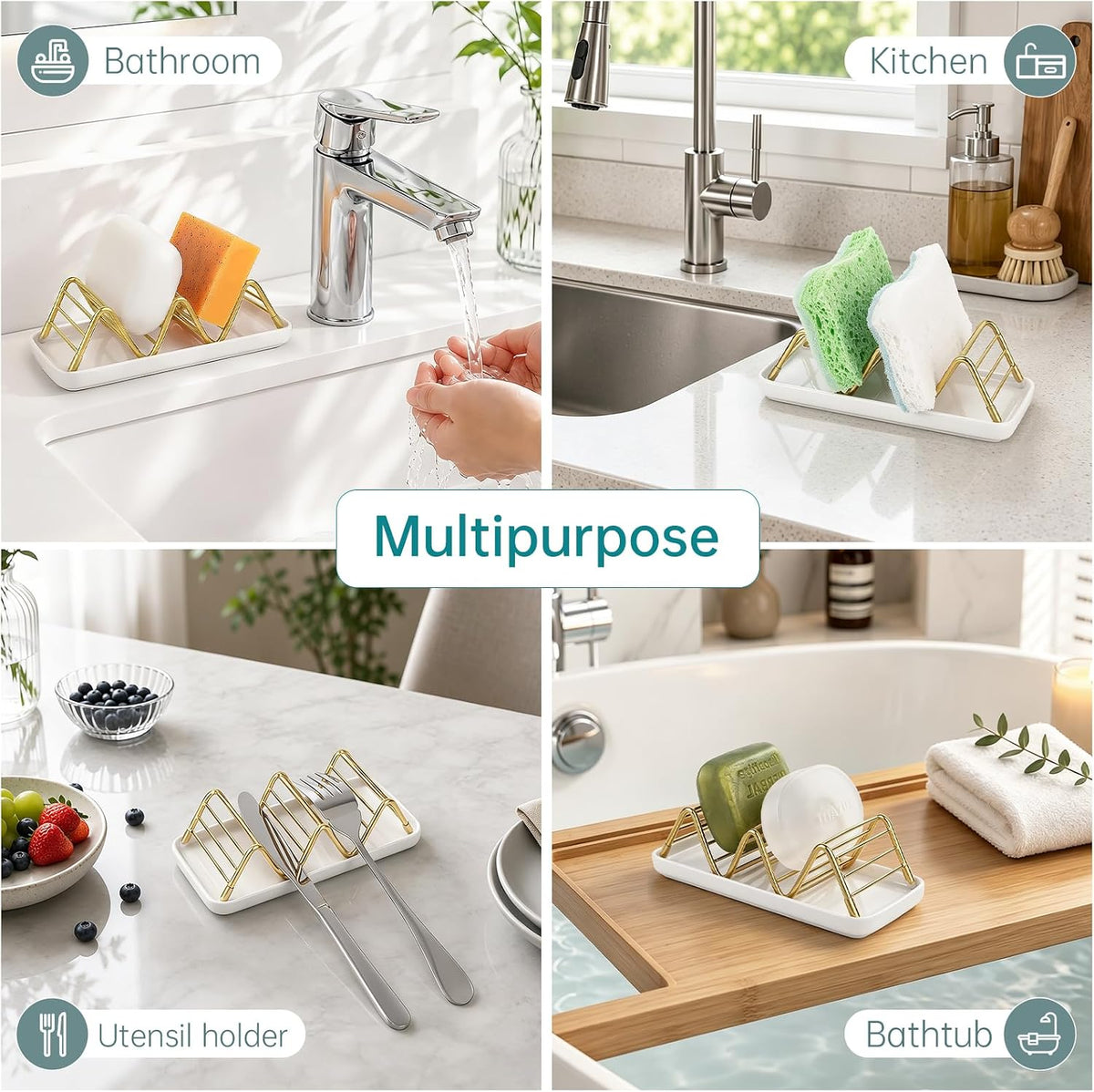 Stainless Steel Soap Dish Draining Soap Holder with Ceramic Tray, Gold