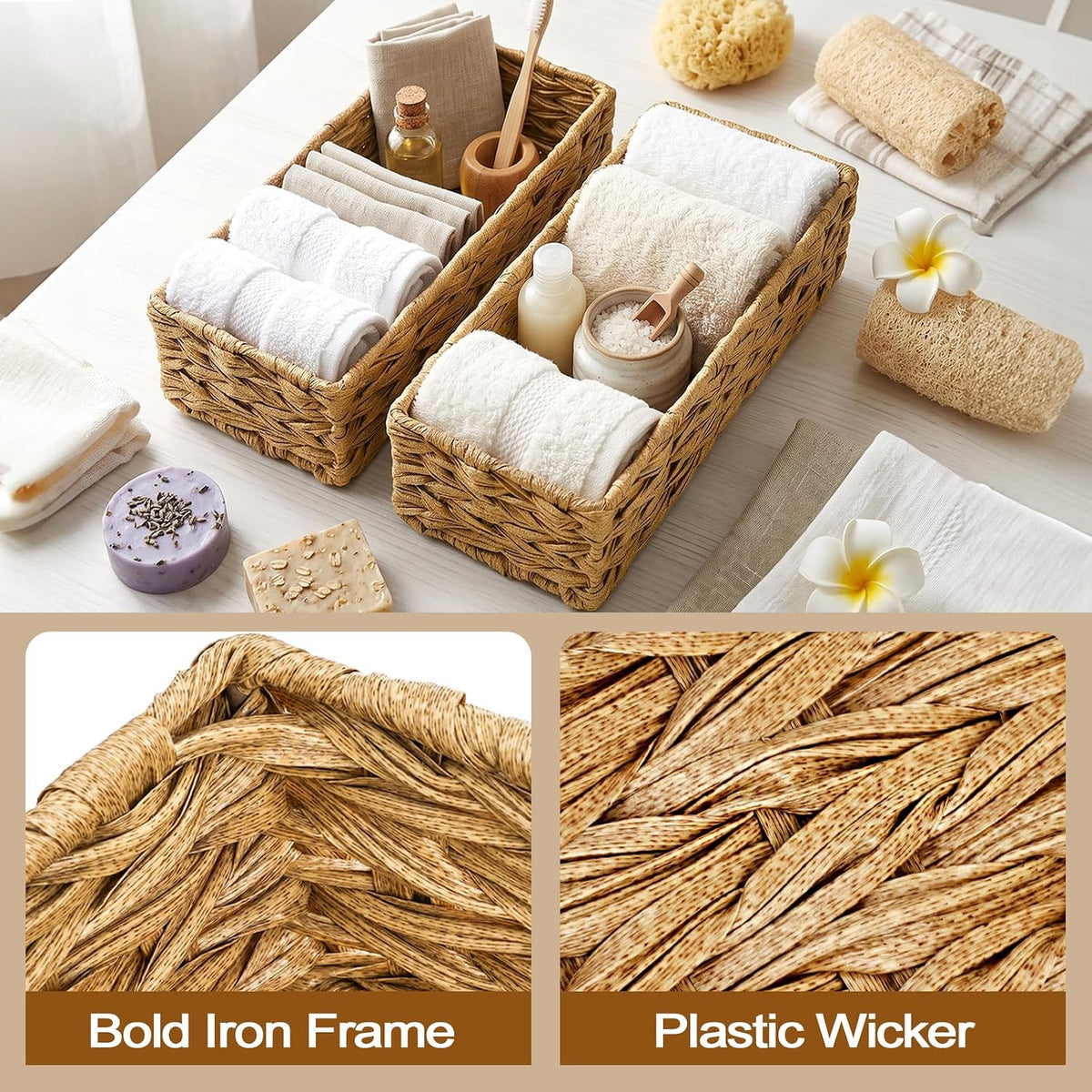 Eorbow 2 Pack Bathroom Baskets, Plastic Toilet Tank Paper Holder, Woven Decorative Storage Box for Tank Top Countertop Organizing Boho Home Decor