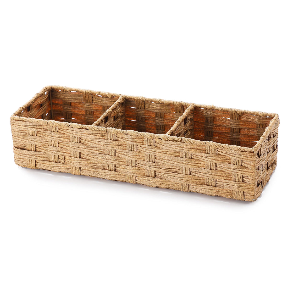 Toilet Tank Topper Paper Basket Multiuse Hand Woven Plastic Wicker Basket Bins with Divider for Shelves Rustic Farmhouse Bathroom Decor Countertop Organizer Storage