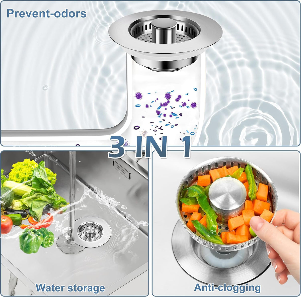 3 in 1 Kitchen Sink Stopper,304 Stainless Steel Kitchen Sink Drain Strainer Fits for Most Kitchen Drain, Easy to Install, Use, and Clean; Works Effectively