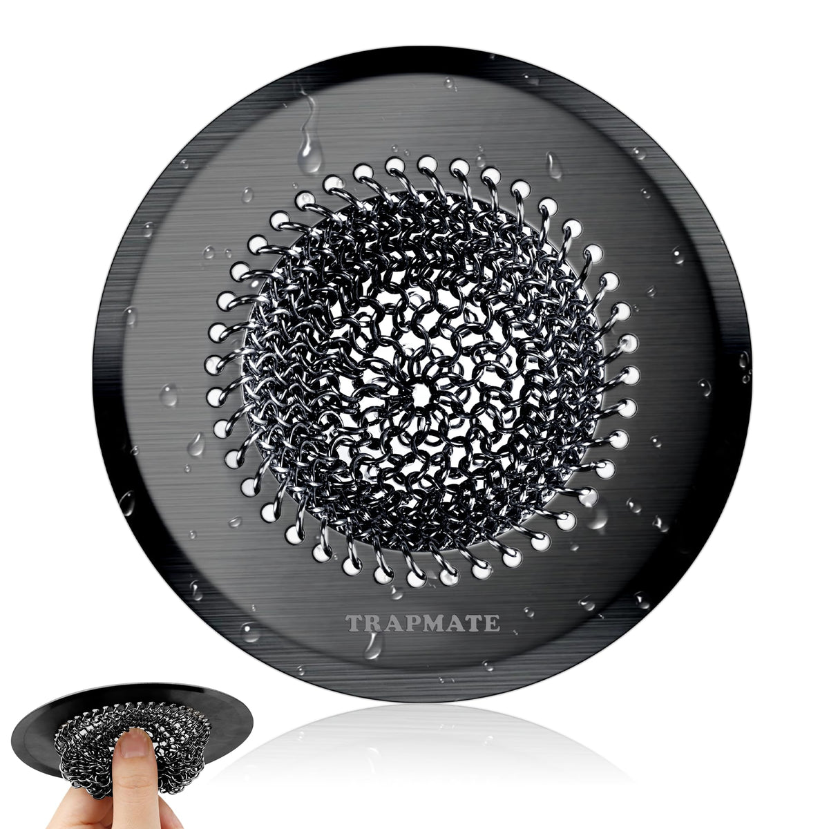 TRAPMATE Sink Drain Strainer, Reversible Chain Mesh Kitchen Sink Drain Strainer, Easy Clean 304 Stainless Steel Sink Strainer for Food Catcher Garbage Disposal, Black