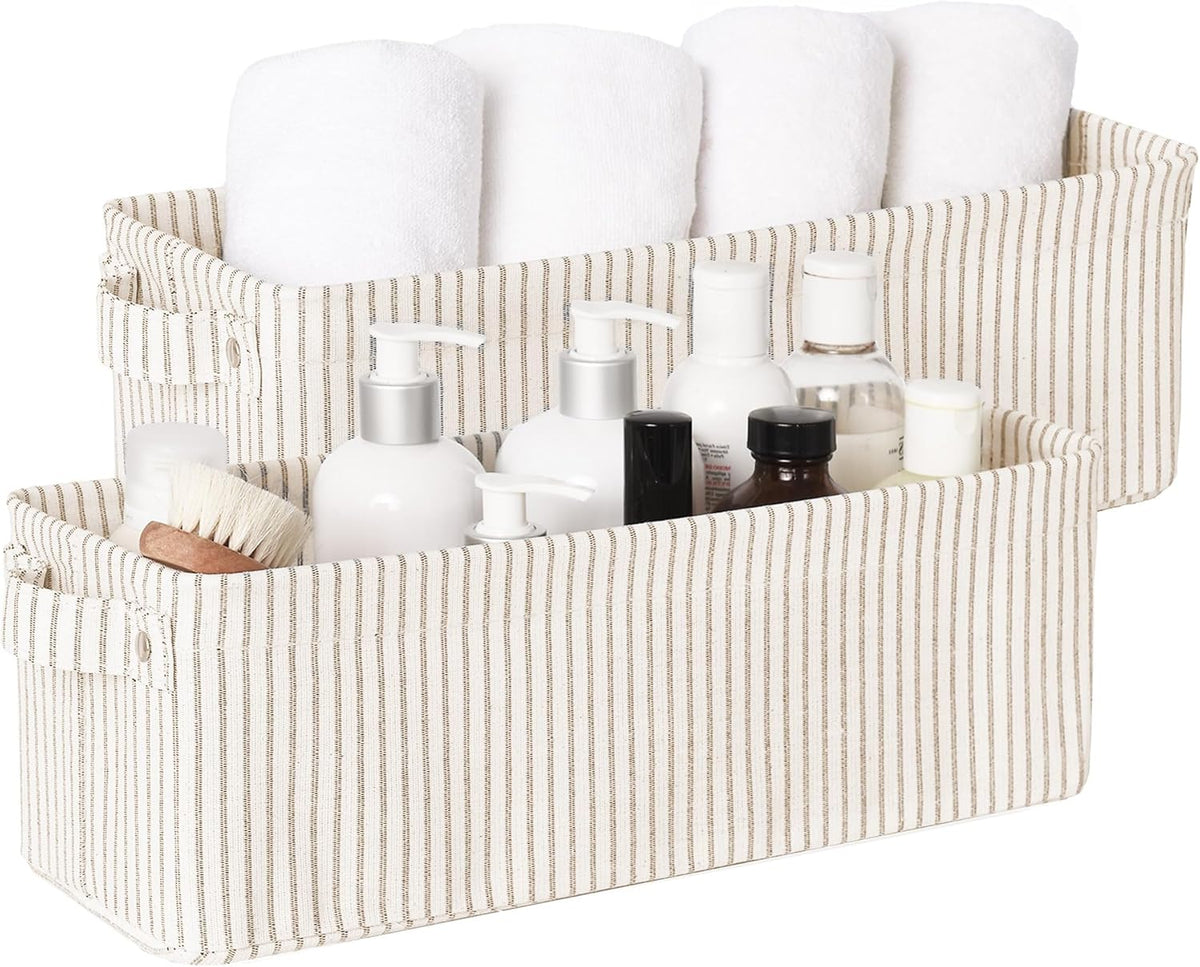 StorageWorks Fabric Narrow Storage Bins, Khaki and Beige Stripes, 2-Pack