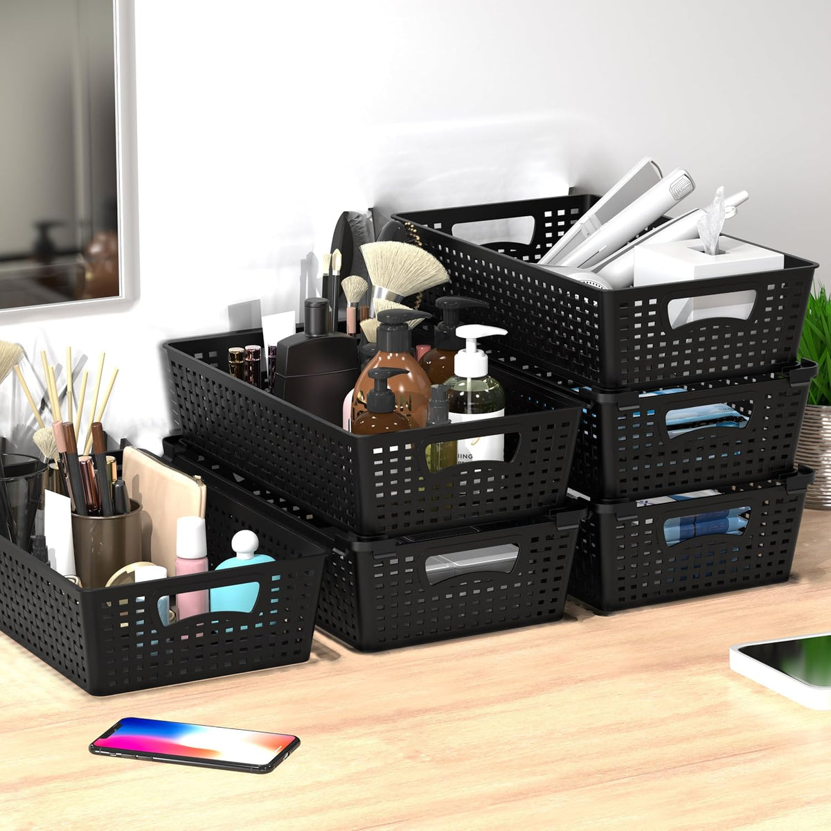Simple Houseware Stackable Plastic Woven Basket Organizer, 6 Pack, Black