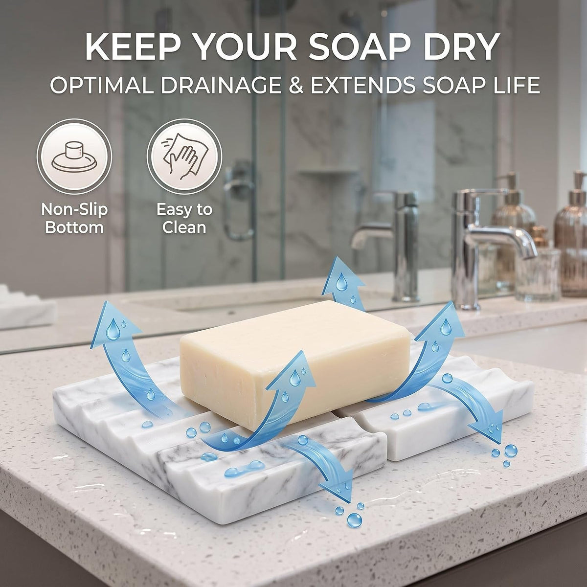 2 Pcs Natural Marble Soap Dish for Shower, Stone Soap Tray for Bathroom