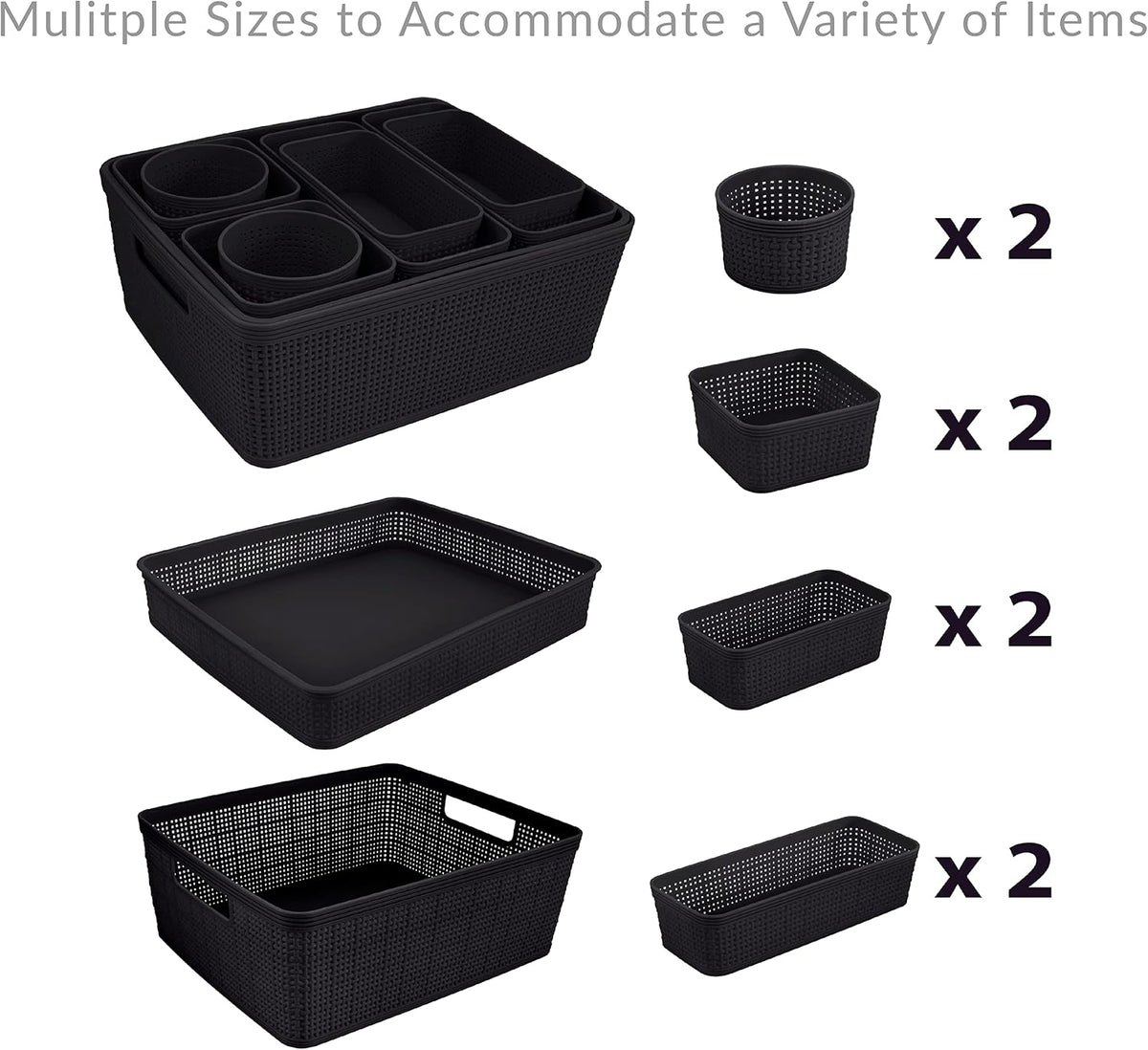 Simplify 10 Piece Organizing Set | Multiple Size Bins | Multipurpose | Office | Desk | Dorm | Bathroom | Storage Basket | Small Items | Accessories | Black