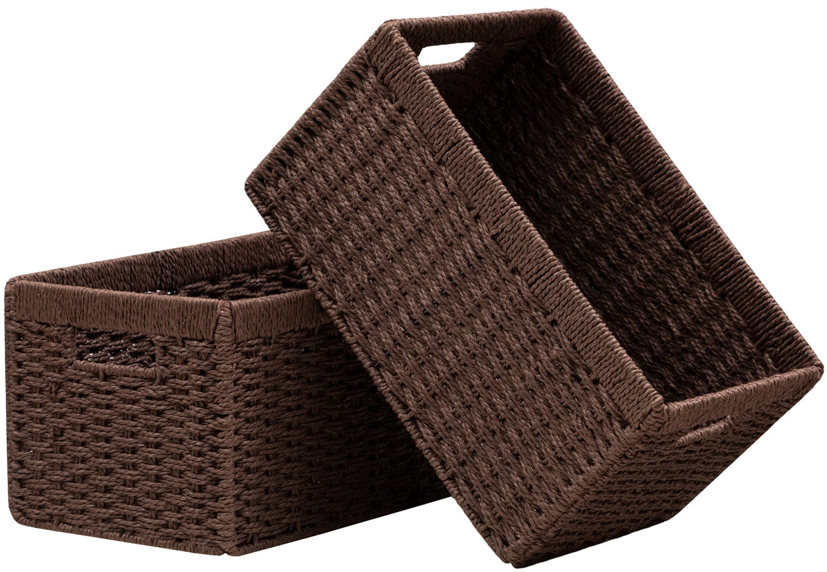 UBBCARE 2 Pack Wicker Basket, 13.4L×8.3H×7.1W inch Woven Paper Rope Storage Baskets for Shelves, Foldable Rectangular Storage Baskets with Handle, Storage Basket for Organizing, Black