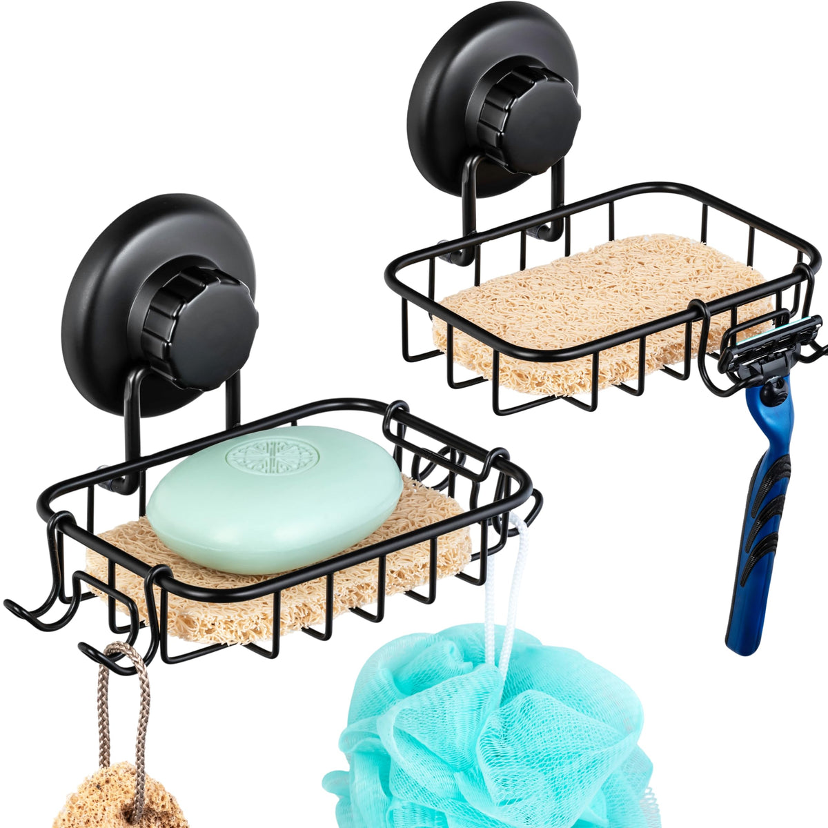 HASKO 2-Pack Suction Cup Soap Holder – Bar Soap Dish for Shower with Hooks for Bathroom – Optional Mounting with Adhesive Tape or Glue – Includes 2 Soap Savers – Stainless Steel SS304 - Silver