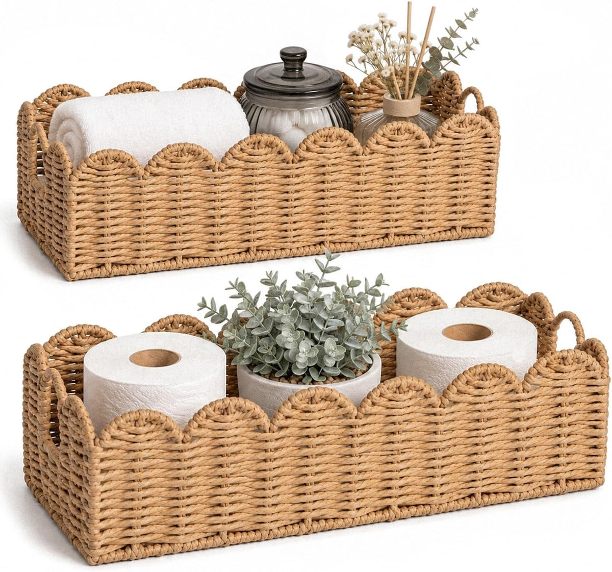 Scalloped Toilet Paper Storage Baskets with Handles, Set of 2