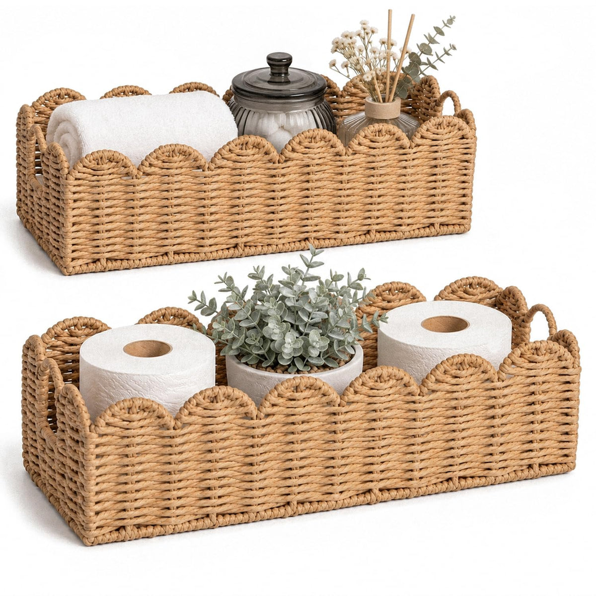 Scalloped Toilet Paper Storage Baskets with Handles, Set of 2