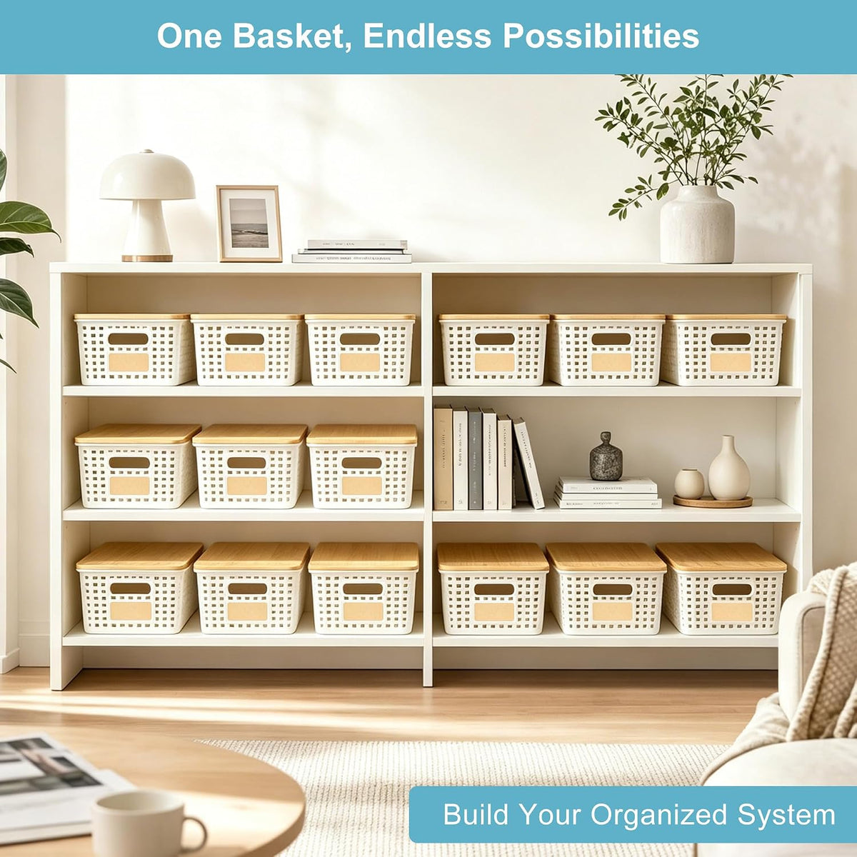 Bagnizer Small Plastic Storage Bins with Bamboo Lids 5.2qt Stackable Box Basket Pantry Decorative Containers Cute with Labels for Organizing Desktop Closet Office Cream White of 6 packs 10*7.2*4.1"