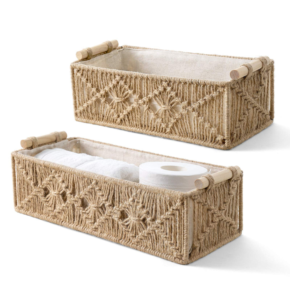 Mkono 2Pc Macrame Storage Basket, Boho Decor Toilet Paper Organizer, Ivory