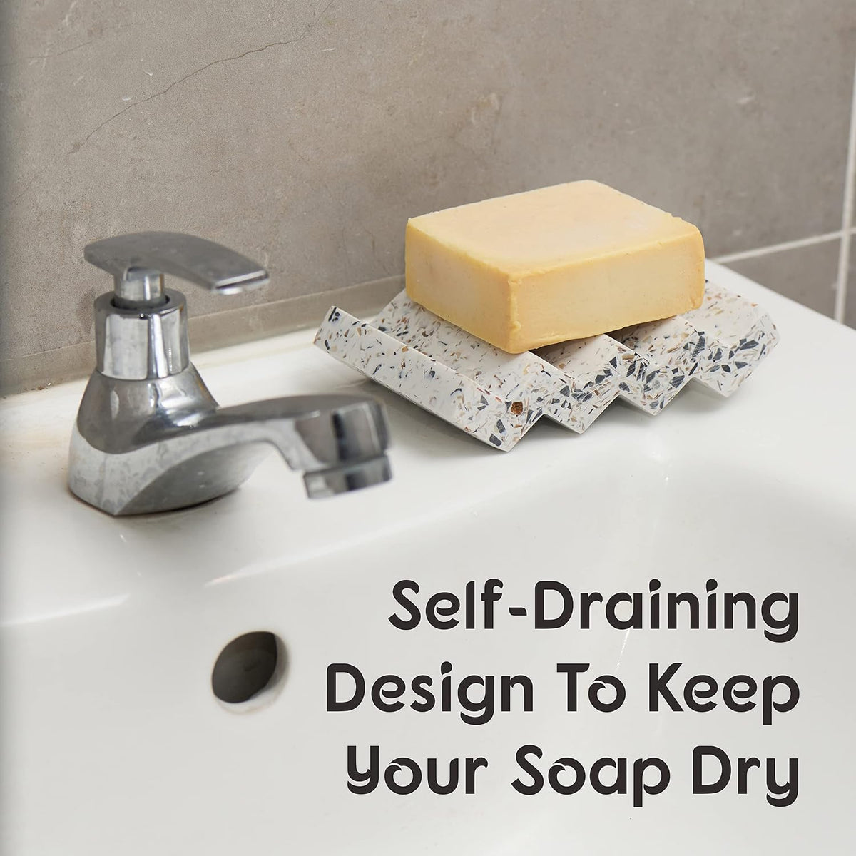 Tapeera Zig Zag Terrazzo Self Draining Soap Dish for Shower - Concrete Soap Saver for Bar Soap Holder - Sponge Holder - Kitchen Soap Tray (White)