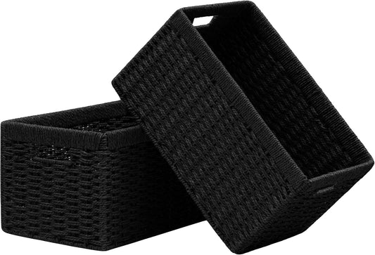 UBBCARE 2 Pack Wicker Basket, 13.4L×8.3H×7.1W inch Woven Paper Rope Storage Baskets for Shelves, Foldable Rectangular Storage Baskets with Handle, Storage Basket for Organizing, Black