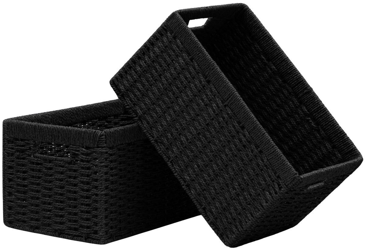 UBBCARE 2 Pack Wicker Basket, 13.4L×8.3H×7.1W inch Woven Paper Rope Storage Baskets for Shelves, Foldable Rectangular Storage Baskets with Handle, Storage Basket for Organizing, Black