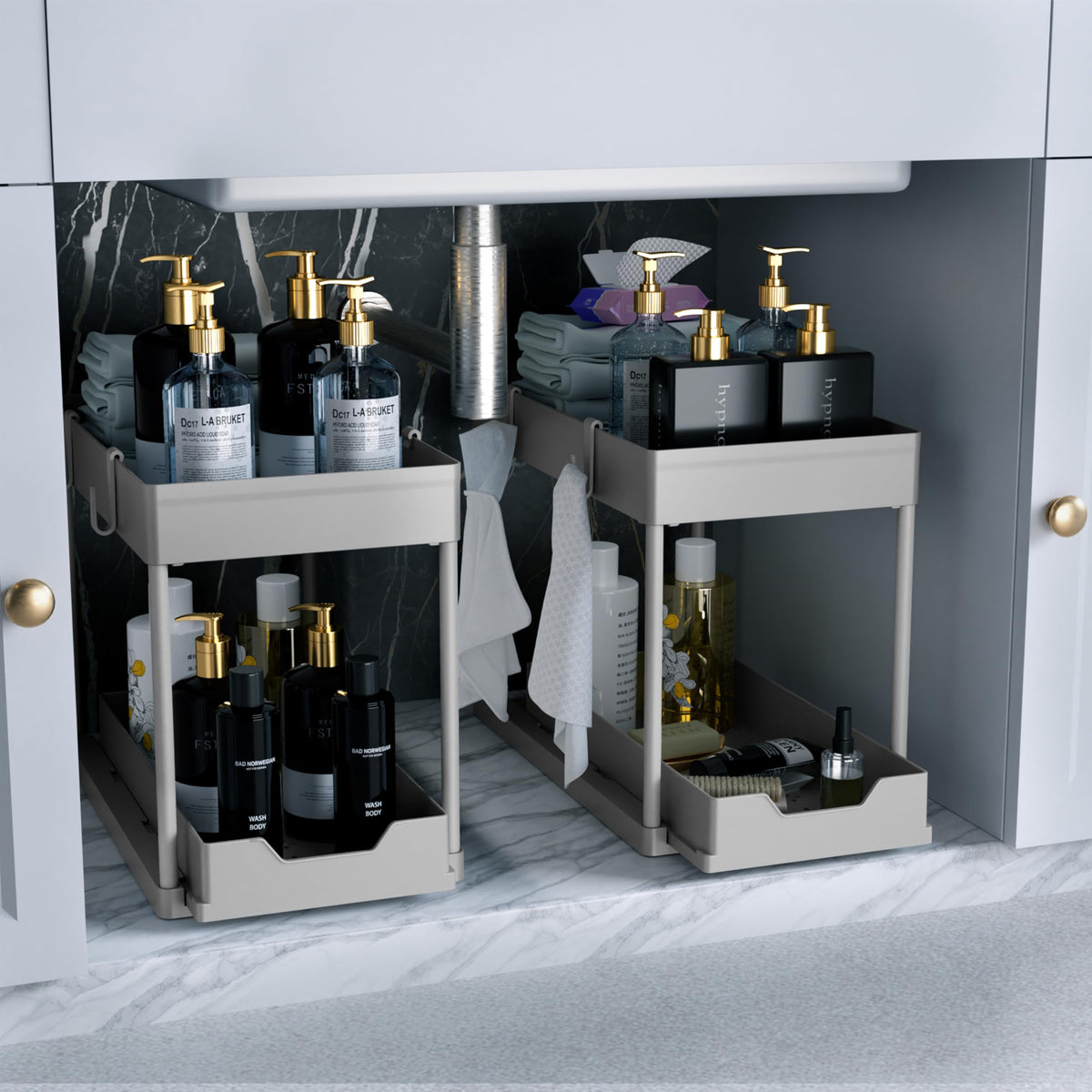 DEKAVA Under Sink Organizer 2 Pack, Bathroom Cabinet Organizer, 2 Tier Sliding Cabinet Basket Organizer Drawer, Multi-Purpose Bath Collection Baskets for Bathroom (Black)
