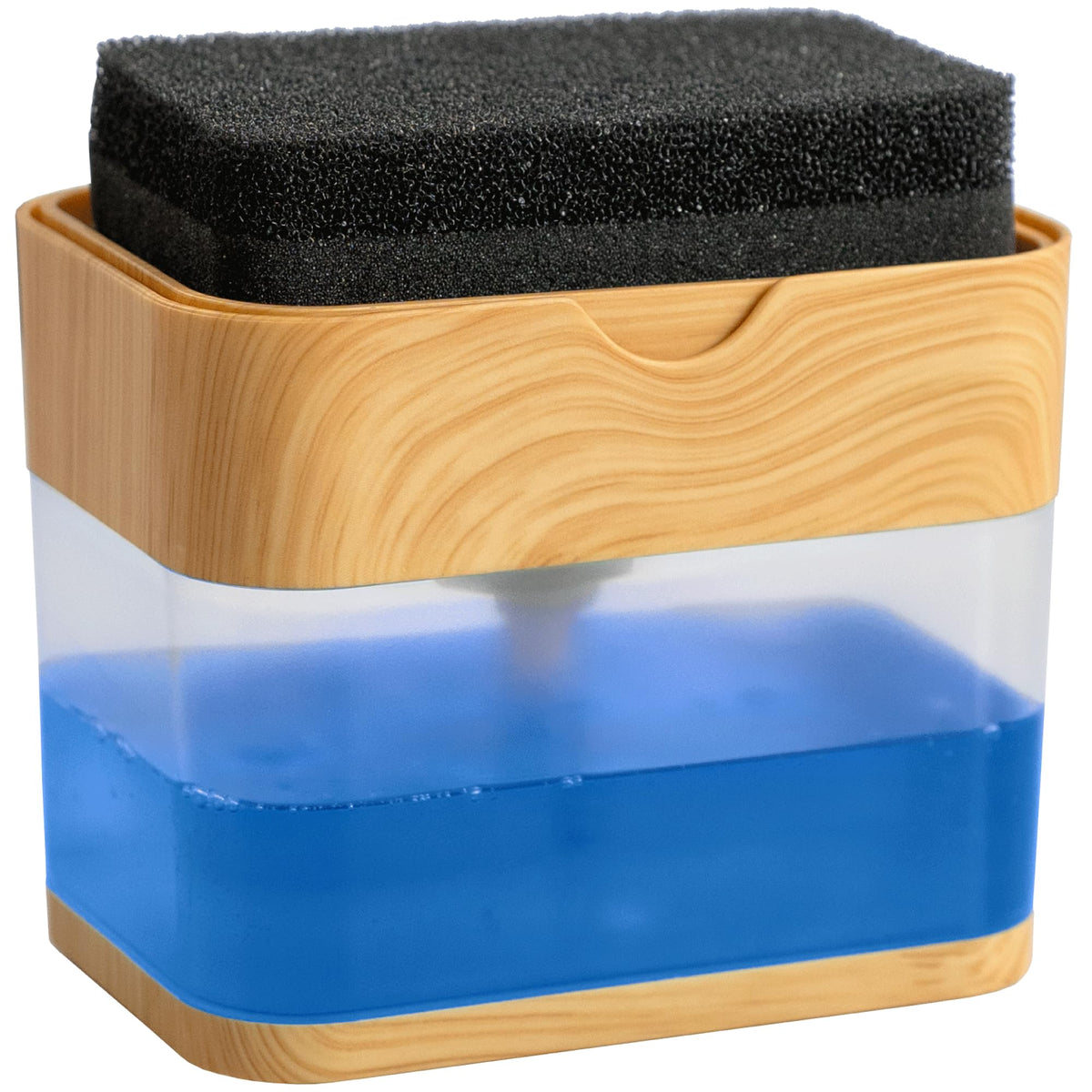 S&T INC. Dish Soap Dispenser and Sponge Holder, Plastic Walnut and Amber