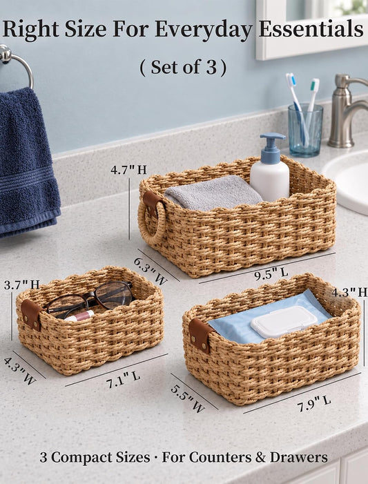 Small Wicker Baskets, 3 PCS Paper Rope Baskets for Shelves, Brown