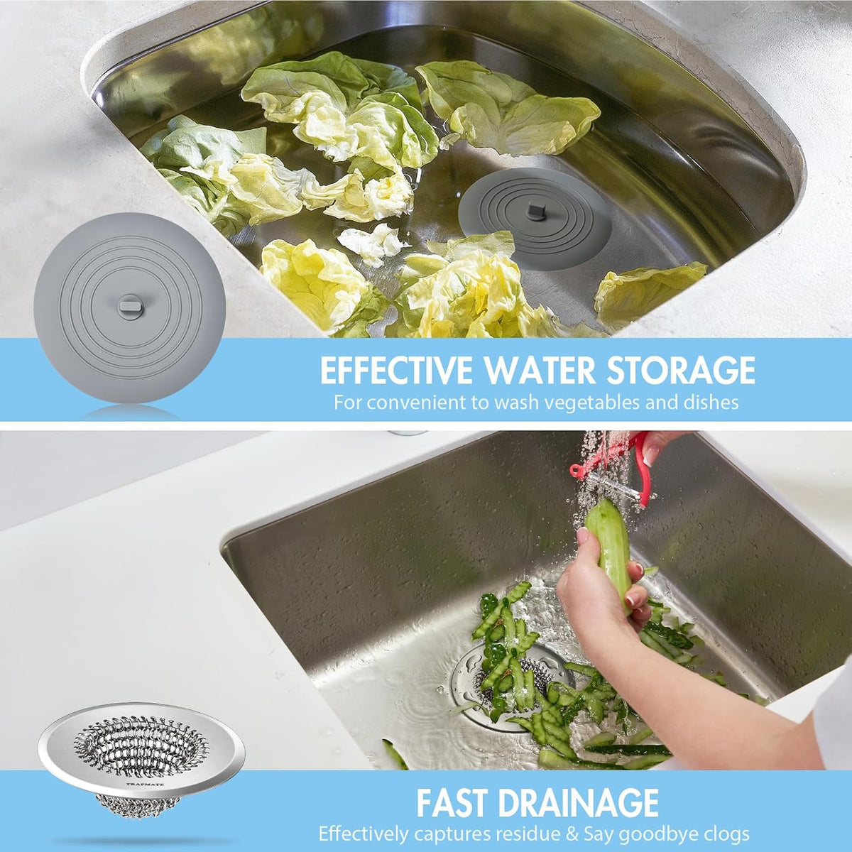 TRAPMATE Kitchen Sink Drain Strainer & Sink Stopper, Revolutionary Stainless Steel Drain Plug Combo, Anti-Clog Garbage Strainer Basket for US Standard Drains, Fits Single & Double Bowl Kitchen Sinks