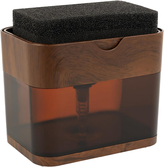 S&T INC. Dish Soap Dispenser and Sponge Holder, Plastic Walnut and Amber