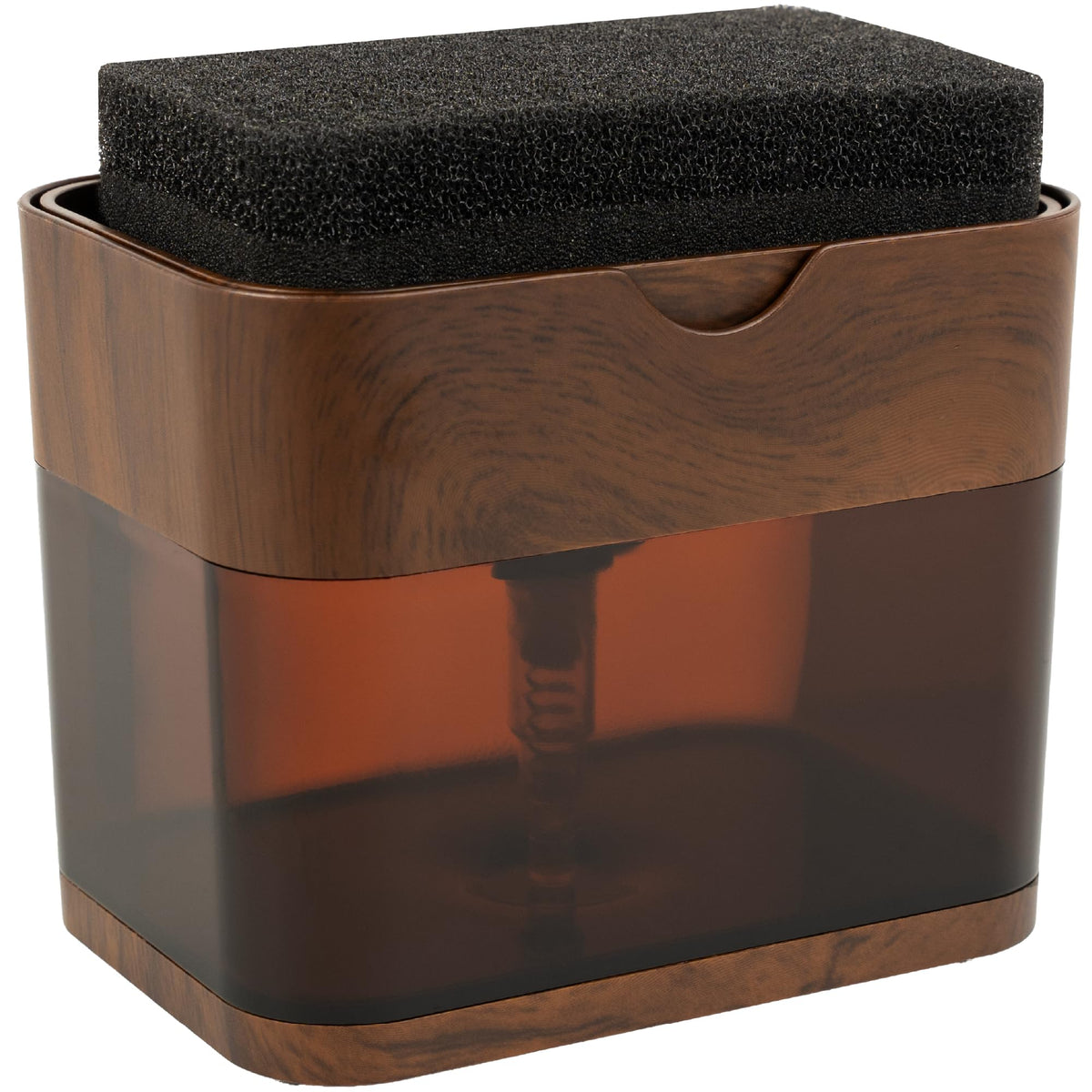 S&T INC. Dish Soap Dispenser and Sponge Holder, Plastic Walnut and Amber