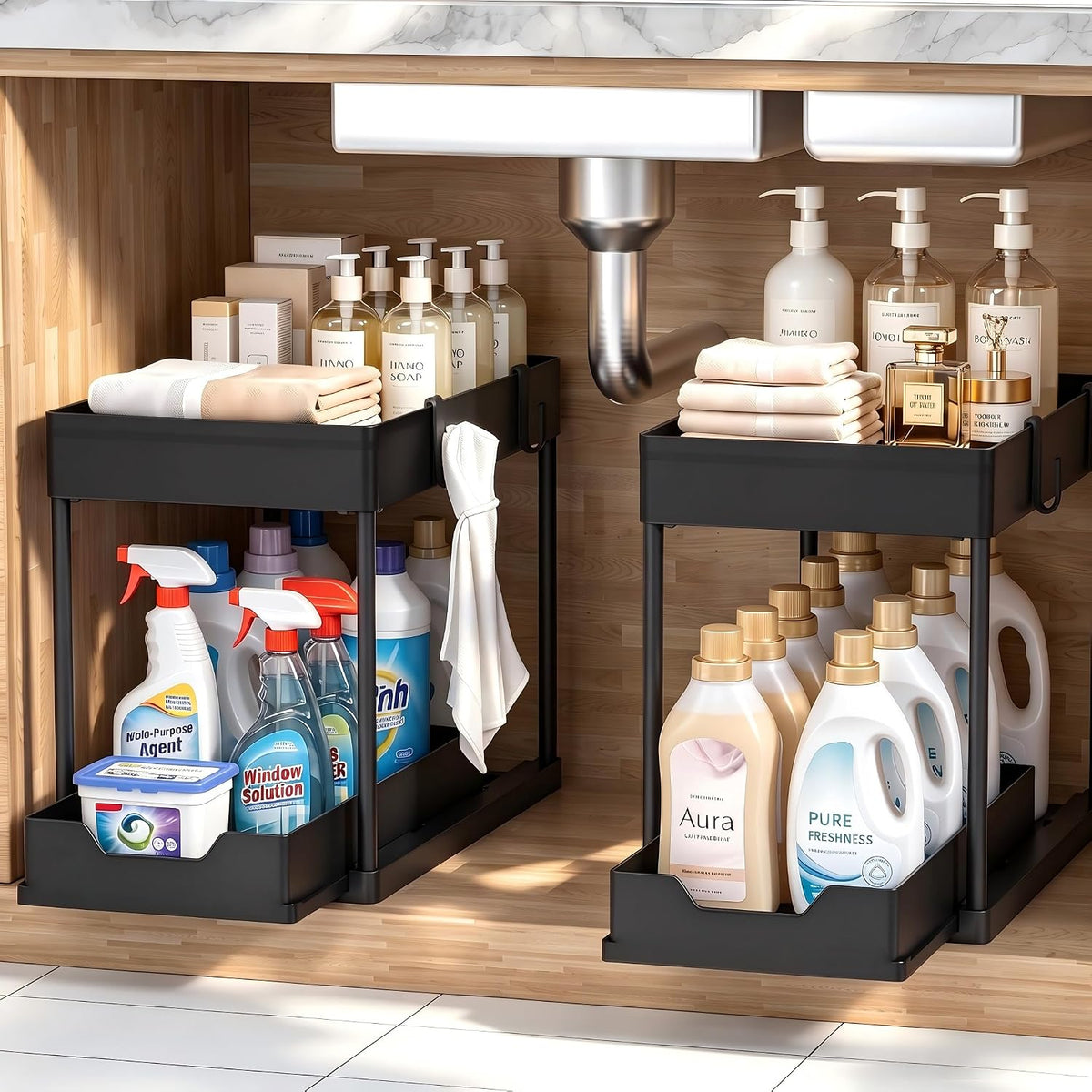 DEKAVA Under Sink Organizer 2 Pack, Bathroom Cabinet Organizer, 2 Tier Sliding Cabinet Basket Organizer Drawer, Multi-Purpose Bath Collection Baskets for Bathroom (Black)