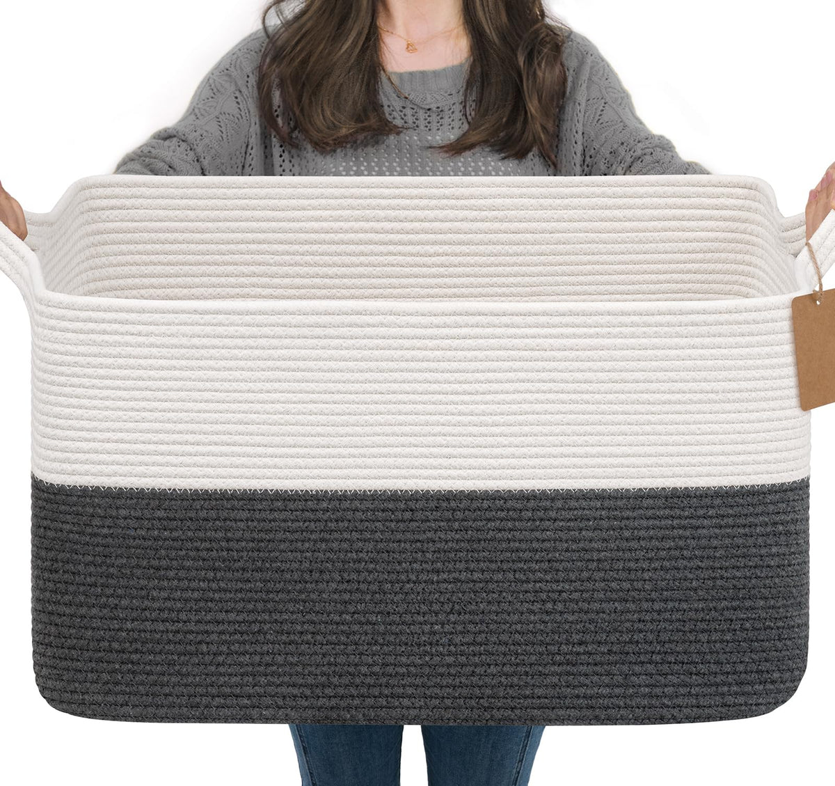 Goodpick Woven Rope Storage Basket for Shelves, Rectangle, Black