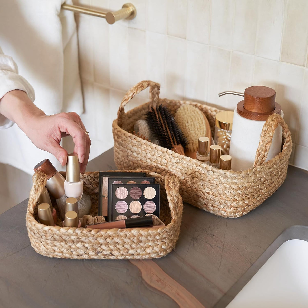 Beautiful Storage Basket Set of 4 - Natural Jute Rope Bins for Shelves