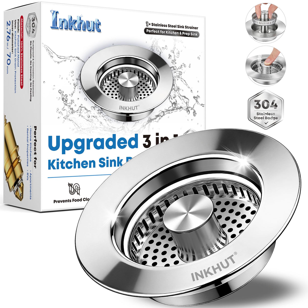 Upgraded 3 in 1 Kitchen Sink Drain Strainer (Silver-2Pack)