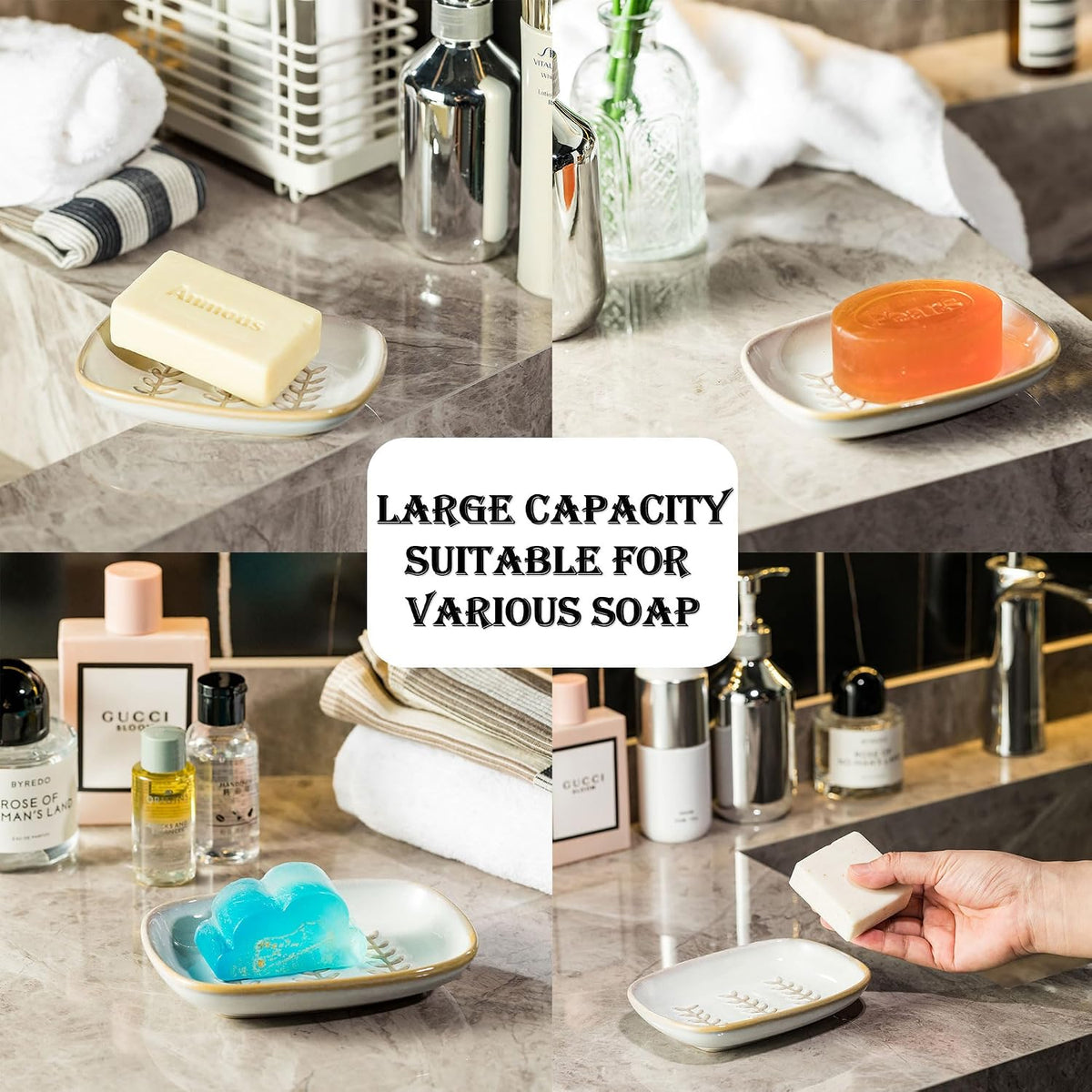 Miamolo Soap Dish Bar Cleaner Dish for Shower, Ceramic Soap Dishes for Large Soap Bar Shampoo or Sponge, Shower Soap Dish Soap Saver Tray for Bathroom Kitchen Sink, Easy to Clean