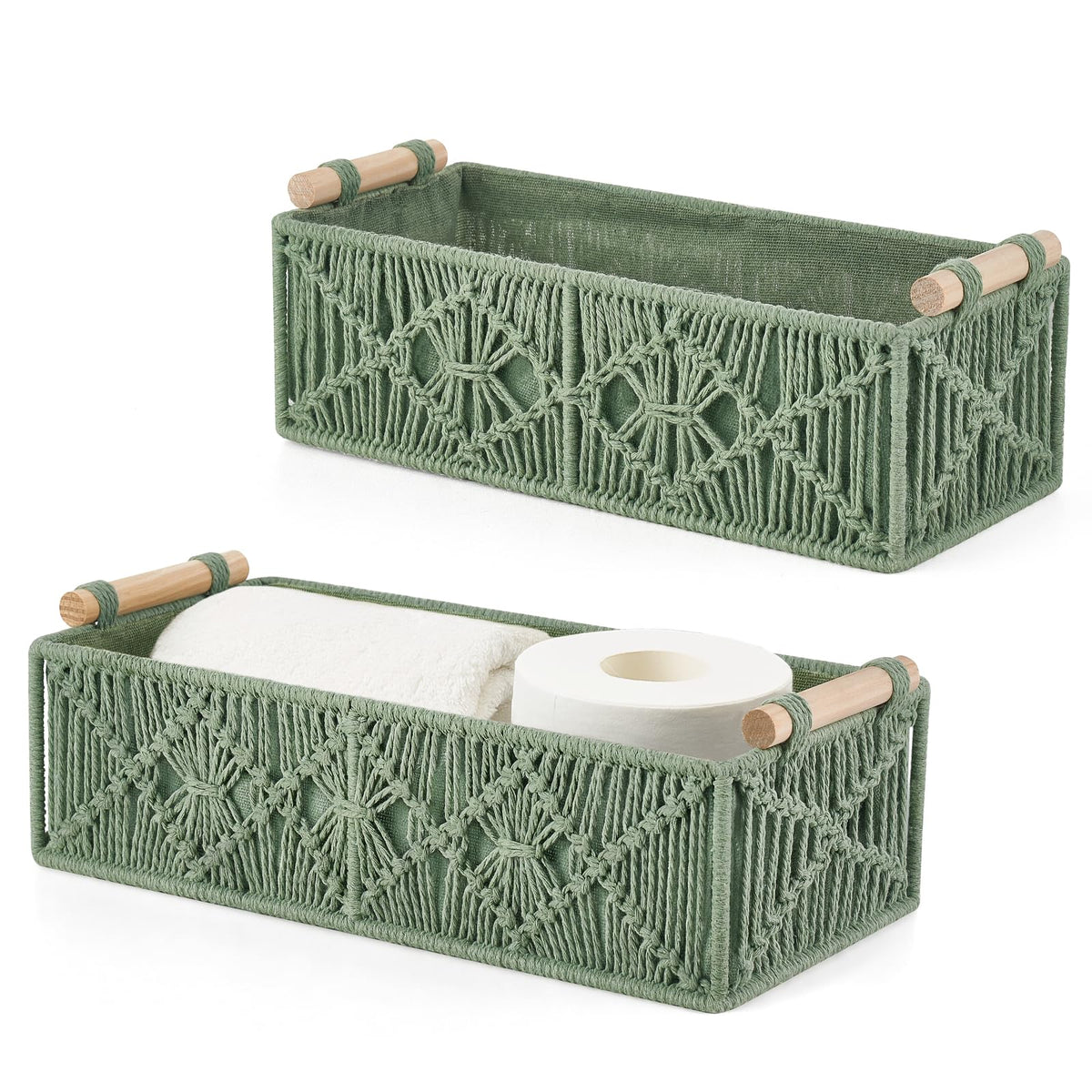 Mkono 2Pc Macrame Storage Basket, Boho Decor Toilet Paper Organizer, Ivory