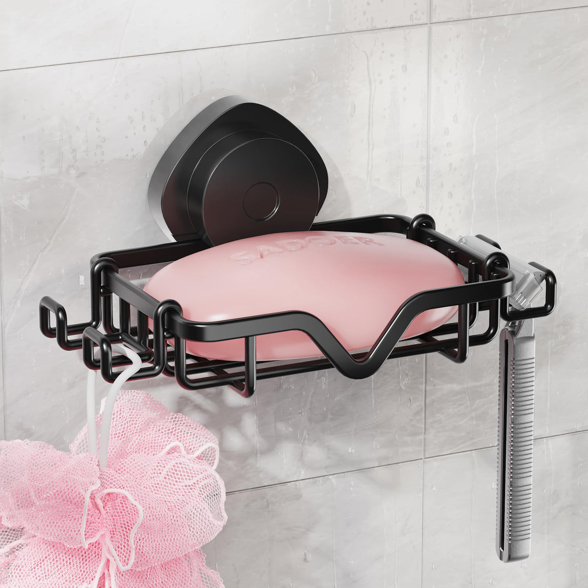 Soap Dish Suction Cup with Hooks, Rustproof No Drill Removable & Reusable for Shower Wall, Bathroom