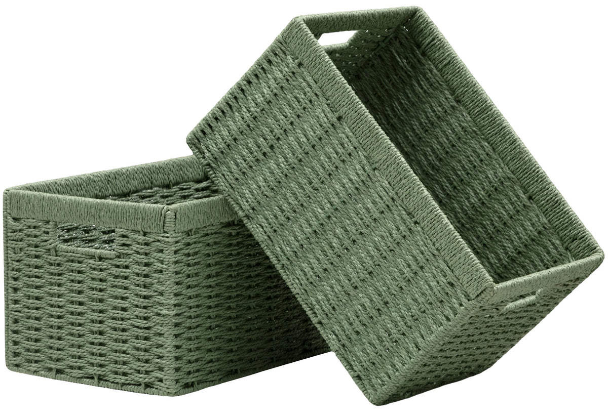 UBBCARE 2 Pack Wicker Basket, 13.4L×8.3H×7.1W inch Woven Paper Rope Storage Baskets for Shelves, Foldable Rectangular Storage Baskets with Handle, Storage Basket for Organizing, Black
