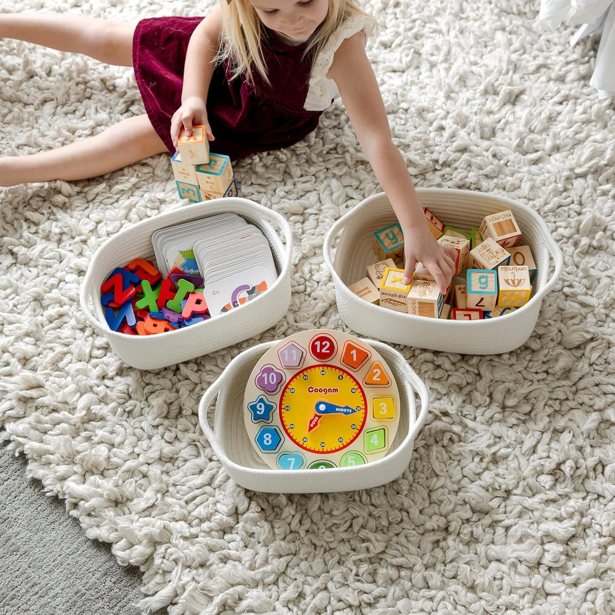 NaturalCozy 5-Piece Rectangle Storage Basket Set- Natural Cotton Rope Woven for Organizing! Small Basket for Montessori, Baby Nursery, Dog Toy Baskets, Cat Toy Box, Bathroom Organization Bin