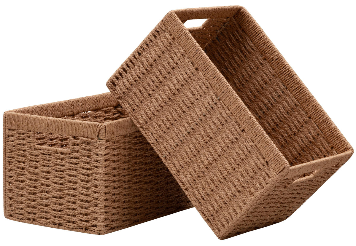 UBBCARE 2 Pack Wicker Basket, 13.4L×8.3H×7.1W inch Woven Paper Rope Storage Baskets for Shelves, Foldable Rectangular Storage Baskets with Handle, Storage Basket for Organizing, Black