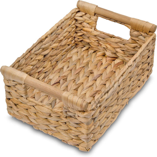 VATIMA Hyacinth Small Wicker Basket 11.6x8.1x4.9" - Bathroom Organizer, Wooden Handle, Decorative Storage